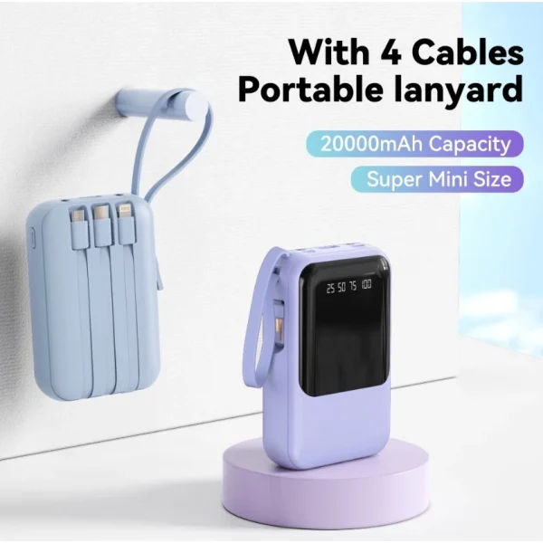 Mini power bank 20000mah Latest Fast Charging Built-in 3 Cables Digital Display Powerbank Portable External Battery Pack