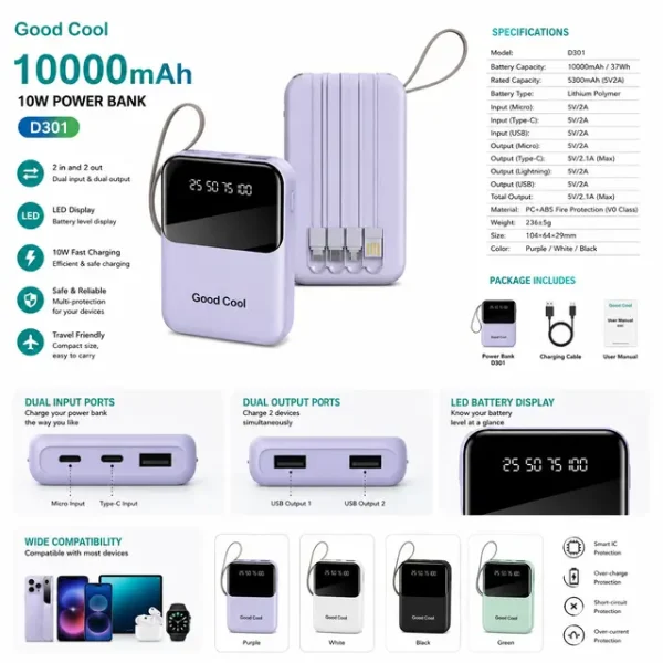 Stay charged on the go with the Good Cool D301 10000mAh Power Bank. Features a sleek, compact design, fast charging, and multiple safety protections. Buy now!